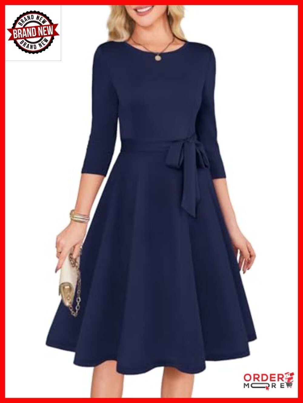 Womens Cocktail Dress 3/4 Sleeve with Belt - A-Line Vintage Fit for Wedding